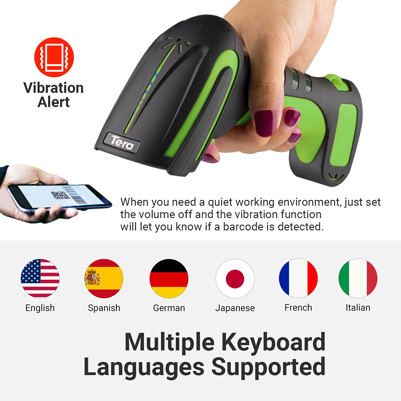 Tera Pro (Extreme Performance) Industrial Wireless Barcode Scanner 2D QR 1D Bar Code Reader 2.4G Wireless 2500mAh Compatible with Bluetooth Drop Resistant for Windows Mac Android iOS Model 8100 Green