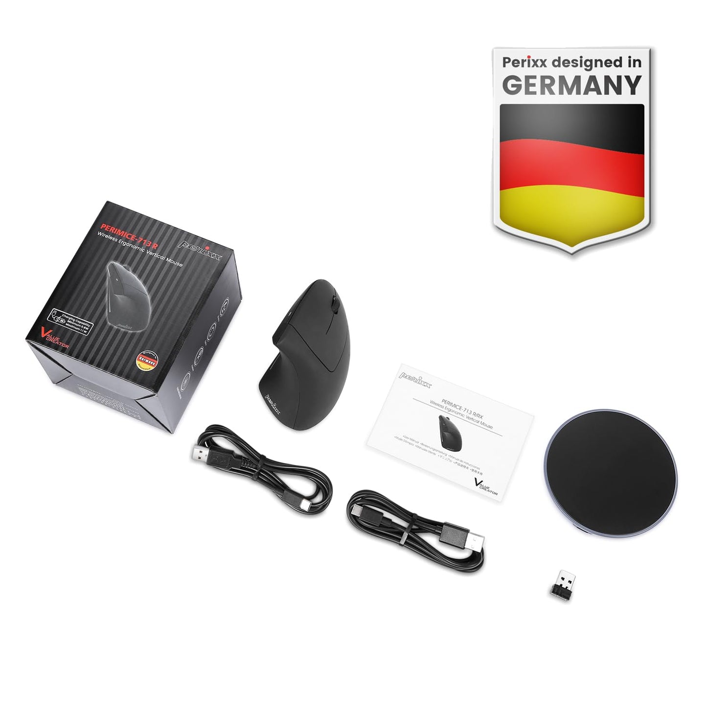Perixx PERIMICE-713RX Wireless Rechargeable Vertical Mouse - Duo Wired and Wireless Charging Feature - Charging Pad Included - 6 Buttons Design - Black - Right-Handed Design