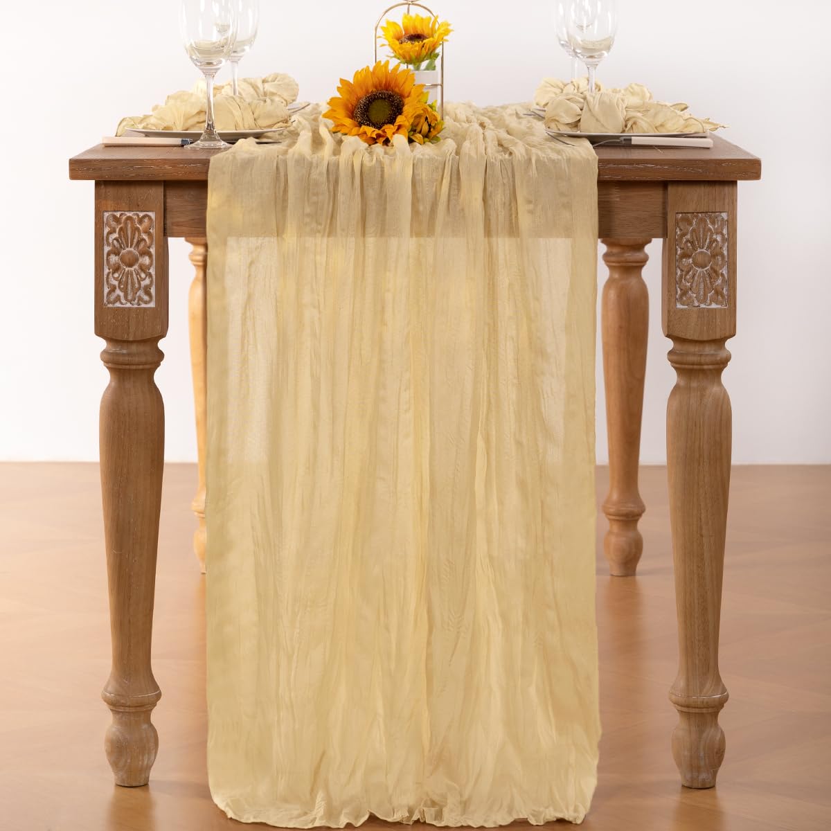 DeZerlor Champagne Gold Cheesecloth Table Runner 12 Pack Summer Sheer Cheese Cloth Table Runners Boho Gauze 120 Inches Summer Table Decorations for Champagne Bridal Shower Wedding Baby Shower Parties