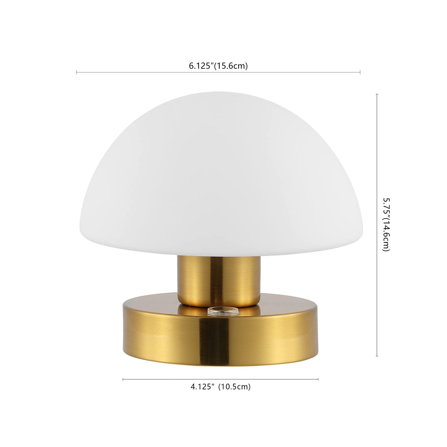 JONATHAN Y 5.75" Brass Gold/White Rechargeable Portable LED Table Lamp, Cordless Mushroom Accent Light for Bar, Nightstand, with Frosted White Glass Shade (JYL7113C)