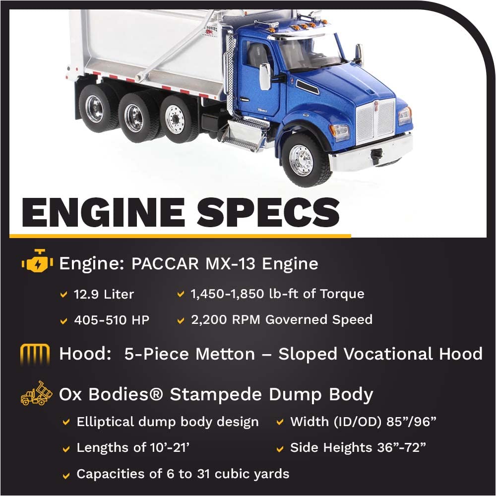 Diecast Masters 1:50 Scale Kenworth T880S SFFA Dump Truck - Tandem with Pusher Axle & Interior Ox Bodies Stampede Dump Cab | Transport Series | Metallic Blue Model 71078