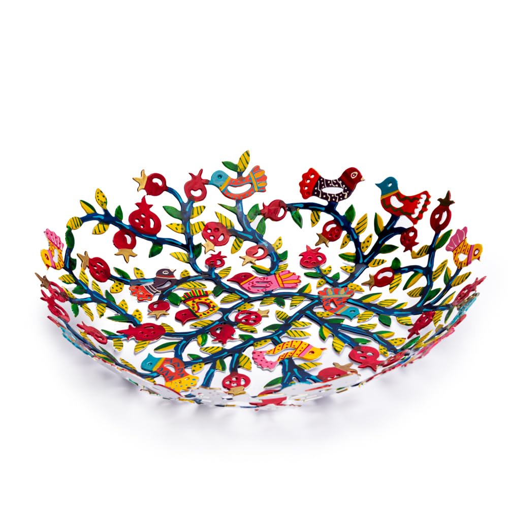 Emanuel Yair Decorative Metal Fruit Bowl | Vibrant Hand Painted Bowl | Hangable Centerpiece for Home Decor and Gifting | Judaica Art (10 inch, Pomegranate Tree)