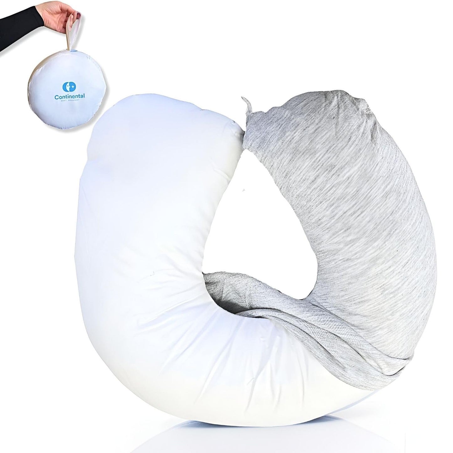 Continental Bedding - Travel Neck Pillow - U Shaped - White Down Fill - Removable Gray Viscose Derived from Bamboo Cover in Travel Case