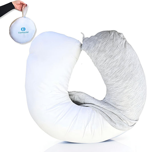Continental Bedding - Travel Neck Pillow - U Shaped - White Down Fill - Removable Gray Viscose Derived from Bamboo Cover in Travel Case