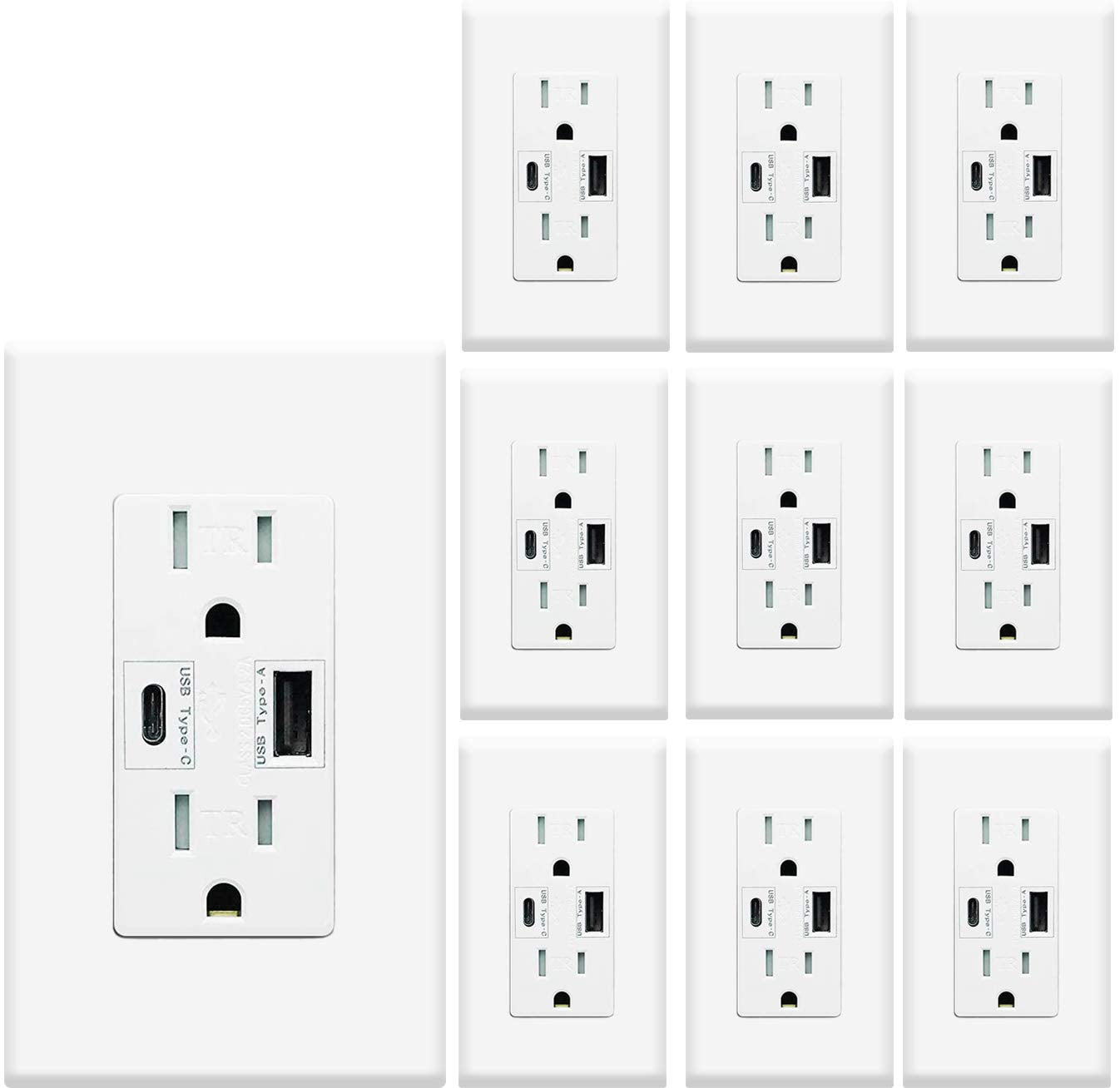 Micmi USB Outlet with C + A Wall Dual High Speed Receptacle Smart 4.8A Fast Charging Capability,15Amp 125Volt, Tamper Resistant Wall Plate Included (10Pack, White, 15 Amp Outlet)