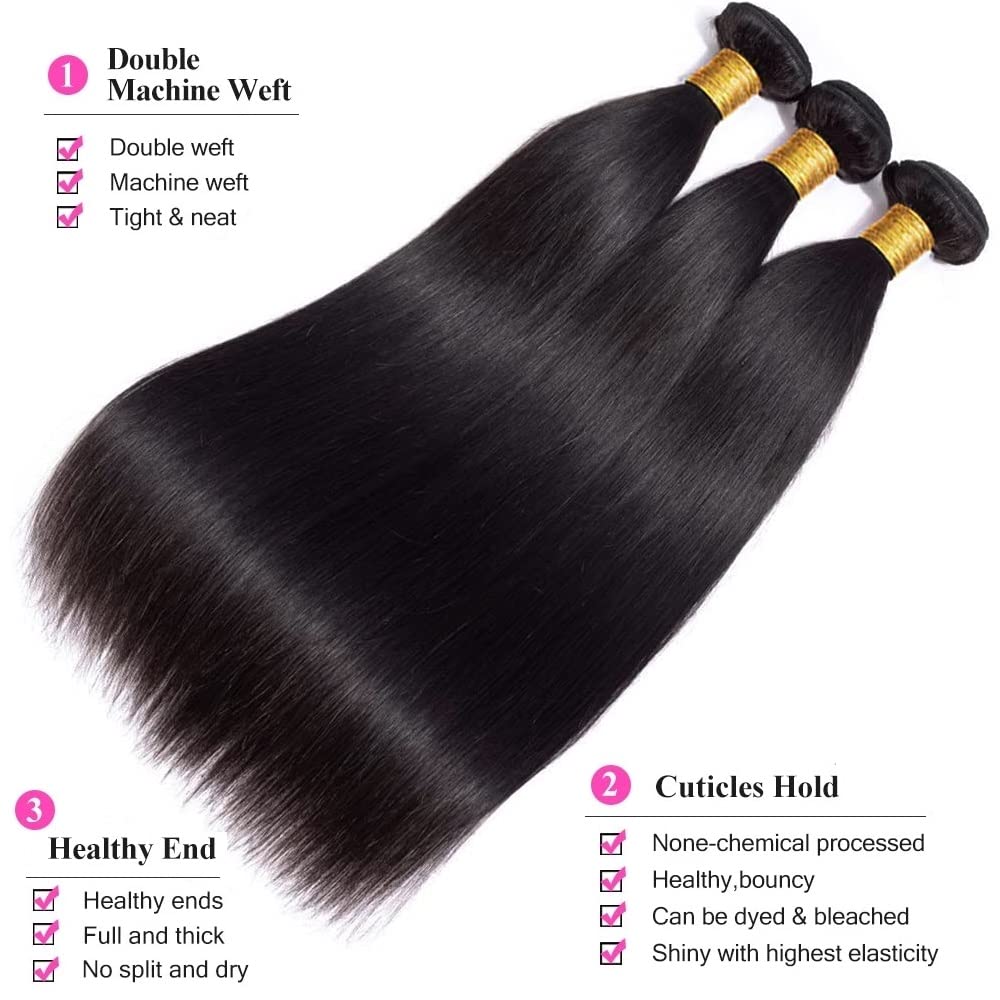 10A Brazilian Straight Human Hair 3 Bundles with Closure 10 12 14+10 Inch 100% Unprocessed Straight Virgin Hair Weave Bundles Human Hair with 4x4 HD Lace Closure