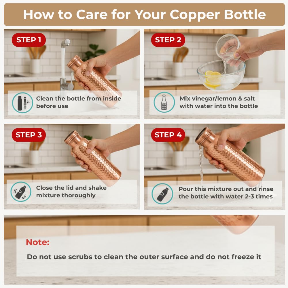 STORE INDYA Copper Water Bottle for Drinking Water 30 oz | 100% Pure Copper Ayurvedic Water Bottle with Leak-Proof Lid | Hammered Finish for Better Grip | Wellness Flask for Yoga, Office, Gym use