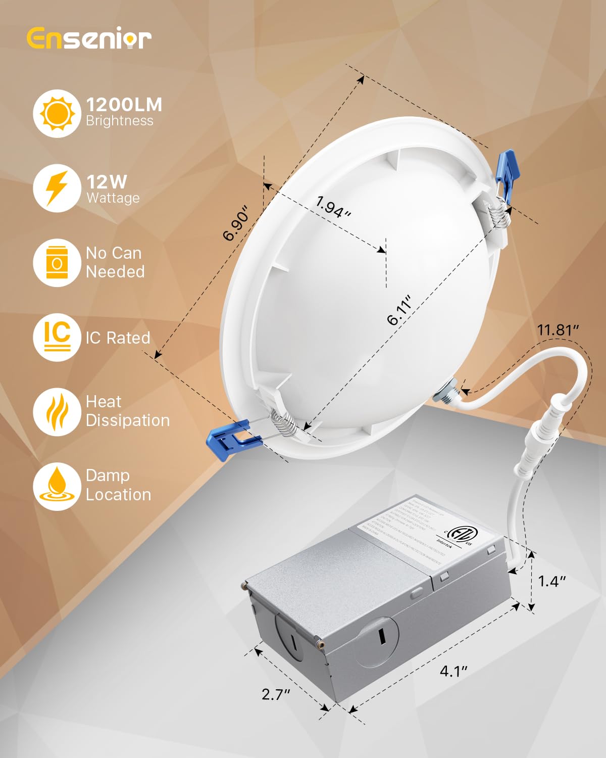 Ensenior 6 Pack 6 inch Gimbal Led Recessed Lighting, 90° Rotatable and 5CCT Selectable, Dimmable Eyeball Recessed Lights, Canless Angled Adjustable Ceiling Downlight, 1200LM, 12W=115W-FCC Certified