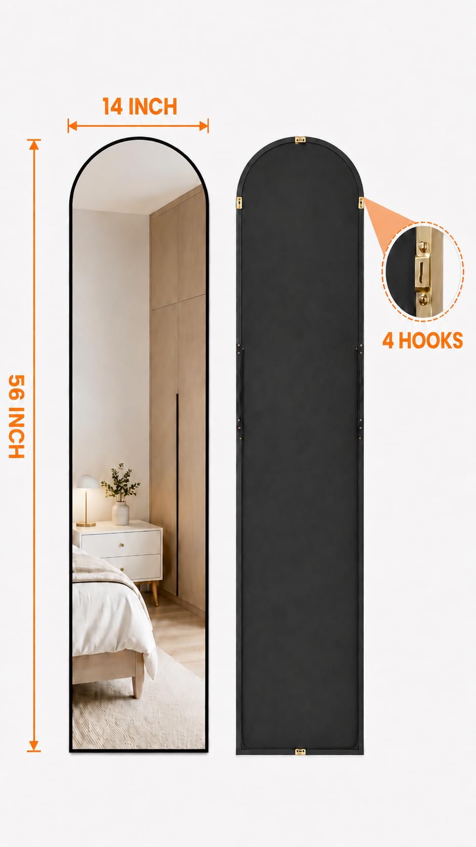 Antok Arched Full Length Mirror, 56"x14" Black Metal Frame Floor Mirror for Bedroom Living Room, Freestanding/Wall Mount/Leaning