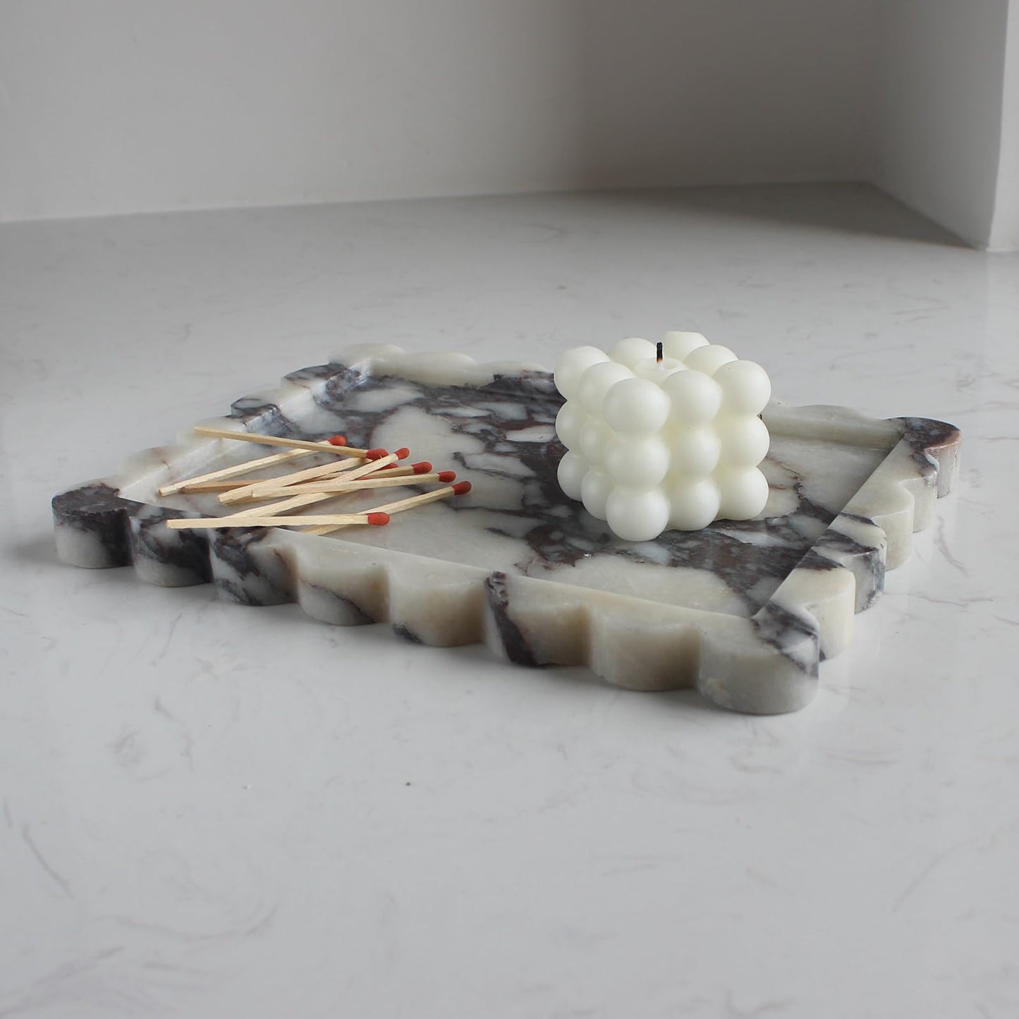 Natural Luxury Scalloped Marble Tray 10.8"x8", Rectangle Vanity Tray for Bathroom Kitchen Counter, Decorative Tray for Dresser Home Decor - Calacatta Purple