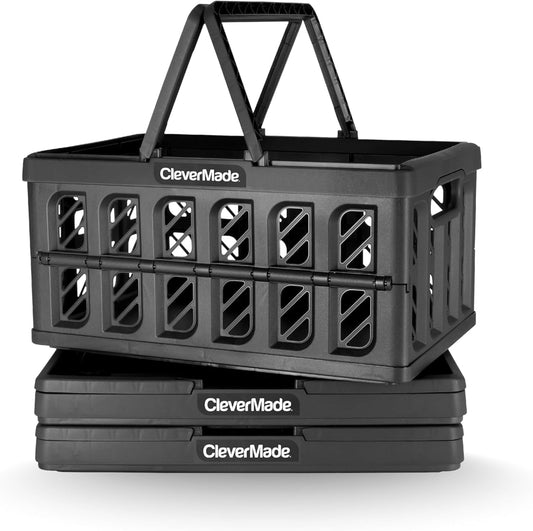CleverMade Collapsible Shopping Basket with Handles – 24L 3 Pack Collapsible Grocery Tote, Plastic Storage Baskets Fold Flat, Stackable Collapsible Storage Bins for Car & Home - Obsidian