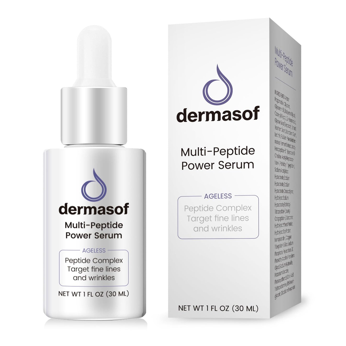 Dermasof Multi-Peptide & Hyaluronic Acid Facial Serum - Anti-Aging Treatment to Smooth Lines & Wrinkles, Hydrates & Plumps Dry Skin, Skin Repair Serum, 1 Fl Oz (30mL), Made in USA