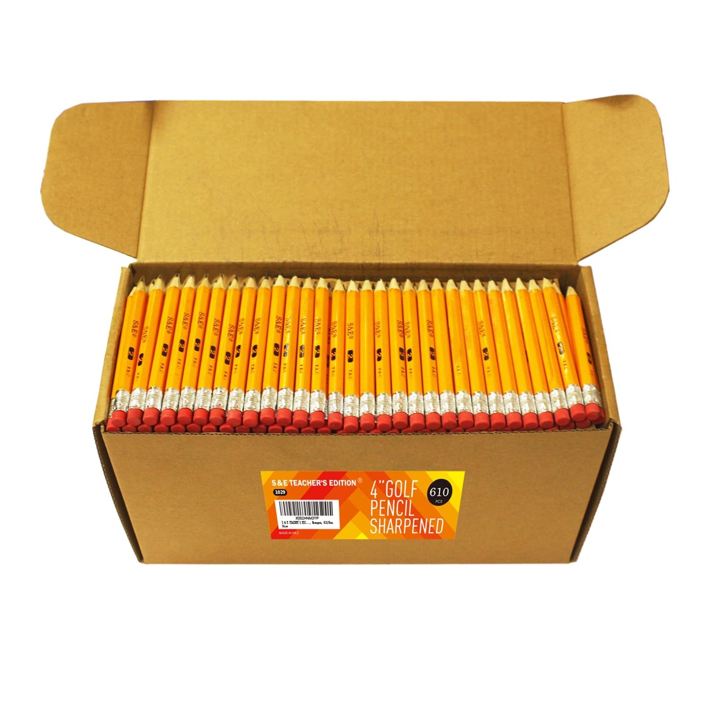 S & E TEACHER'S EDITION 610Pcs Wood Pencils Half Pencils with Eraser Top, Golf, Classroom, Pew Wood-cased #2 HB, Hexagon, 610/Box.