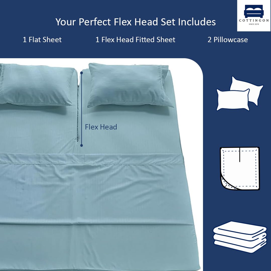 Cottingon 4 Piece Flex Head King Sheet Set, Top 34 Inch Split Sheets for Sleep Number Adjustable Beds, Soft Breathable 100% Egyptian Cotton, Fits Upto 16" Deep Mattress 78"X80"+ 34", Light Blue