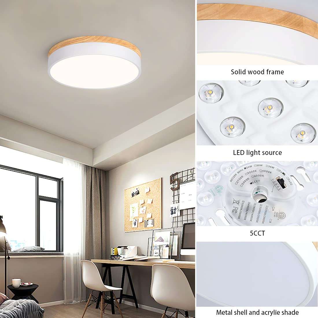 Dimmable Modern Wood Ceiling Light, White LED 5CCT 2700K-6000K Flush Mount Ceiling Lighting Fixture, Round Light Fixtures for Kitchen Entryway Hallway Bedroom Laundry Room-11.8in