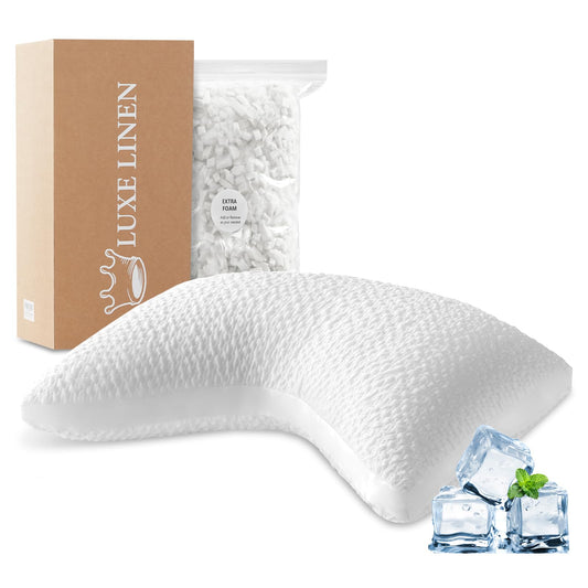Cooling Side Sleeper Pillow for Neck and Shoulder Support, Ergonomic Curved Crescent Gusseted Luxury Shredded Memory Foam( CertiPUR-US Certified ) with Extra Fill, Cool & Soft Cover, White Standard