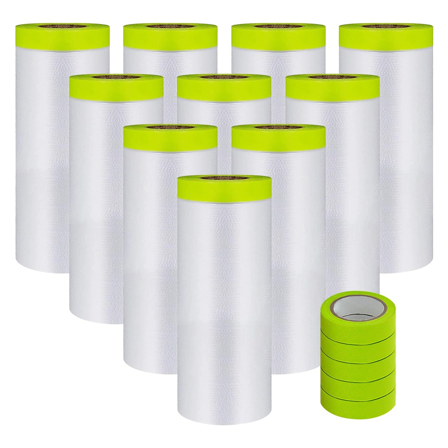 Yudahgan Pre-Taped Masking Film-55inx65ft Tape and Drape Painters Paper Rolls, Plastic Painting Film for Automotive Painting Covering （Masking Film:10rolls,Tape:5rolls）