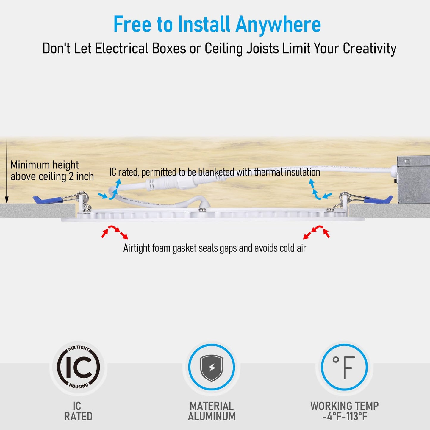 TORCHSTAR 8 Inch 5CCT Ultra-Thin LED Recessed Ceiling Light with Junction Box, CRI90, 27003000350040005000K Selectable, 18W Dimmable Slim Canless Wafer Downlight, ETL & ES & FCC, Pack of 6