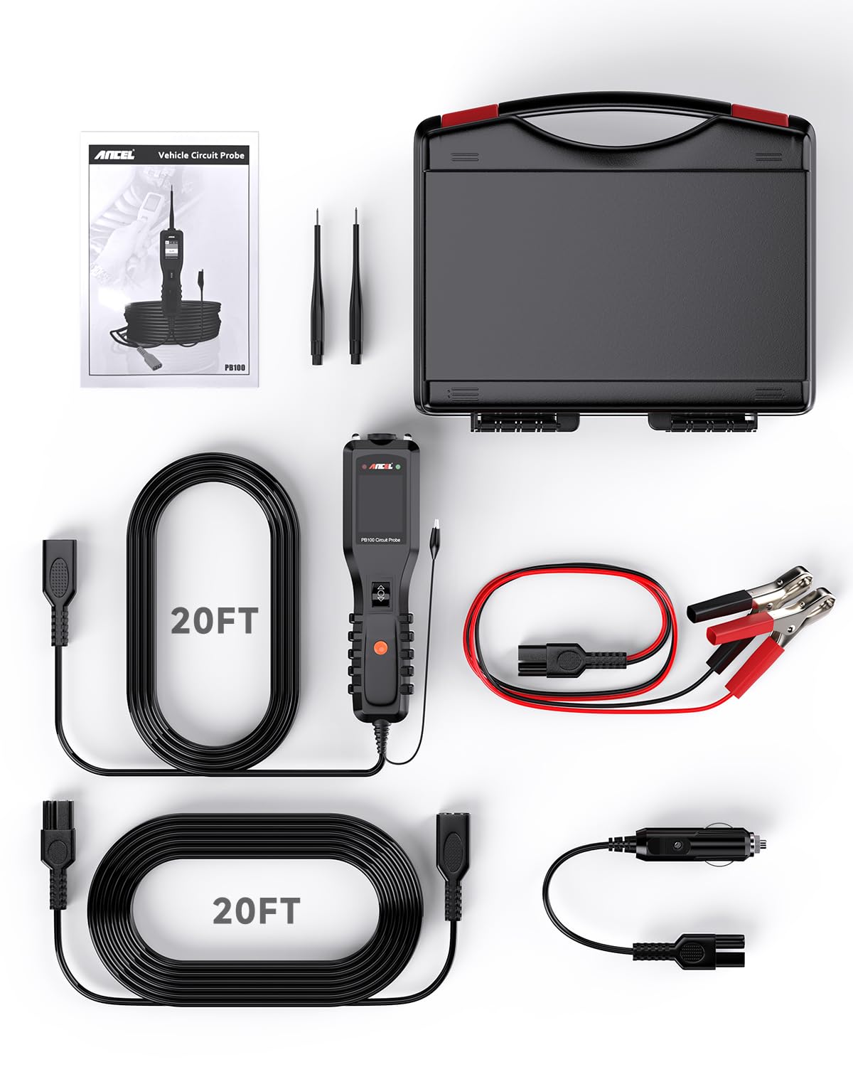 ANCEL PB100 Automotive Power Circuit Probe Tester, 12 24V Electrical Short/Open Breaker Finder, AC DC Diode Resistance Relay Tester, Continuity Test Digital Multimeter/Ohmmeters, 20 + 20FT Cable