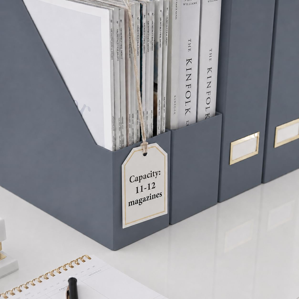 BLU MONACO | Set of 6 Foldable Grey Magazine File Holders with Gold Label Holders | Vertical File Organizer Boxes for Desk, Bookshelf & Home Office Storage