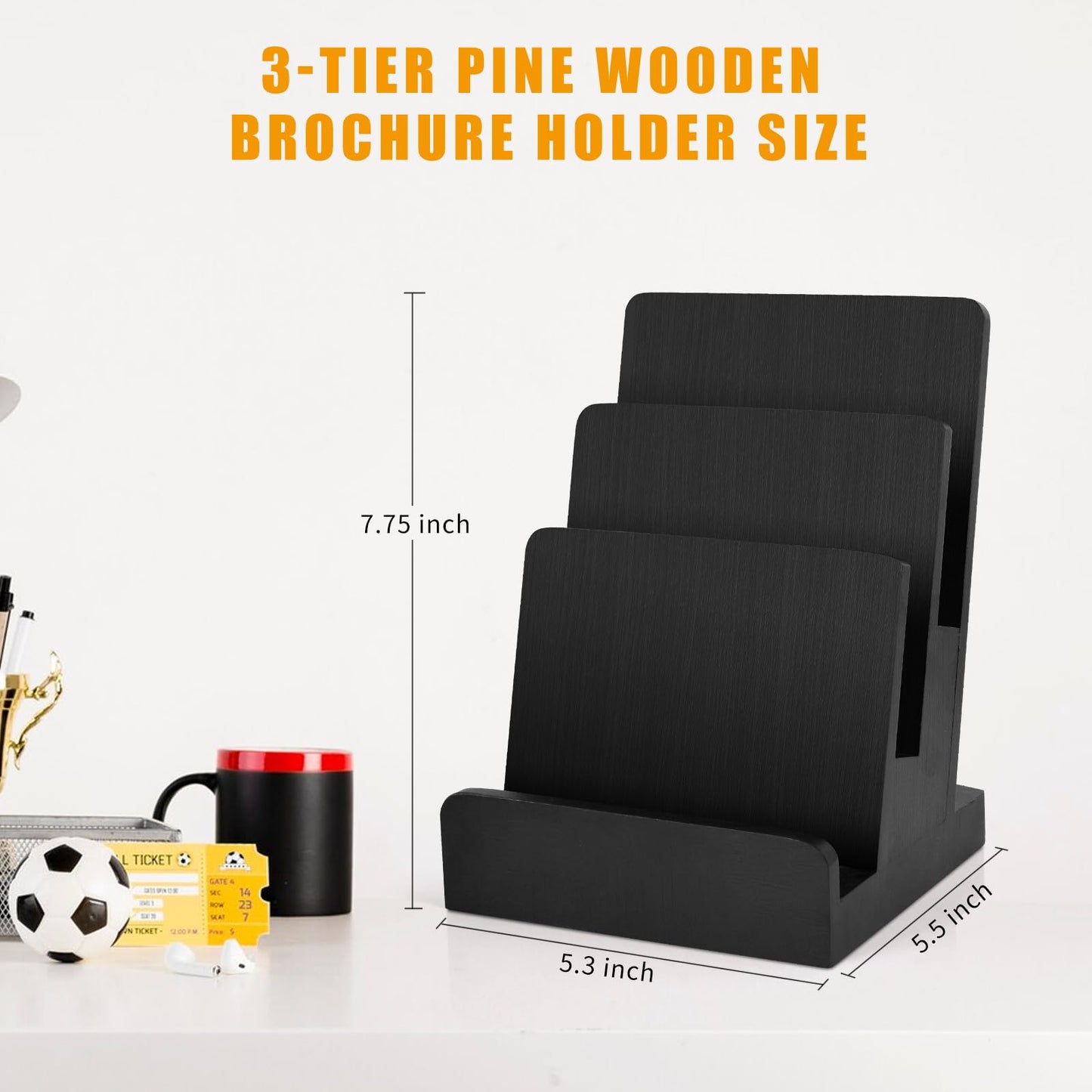 2 Pieces 6 x 9 Wood Brochure Holder 3 Tier Pamphlet Display Stand Black Brochure Display Stand Postcard Holder Flyer Holder Magazine Rack Literature Stand Book Display for Desk Booklets Menu (2)