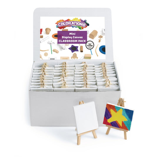 Colorations® Mini Stretched Canvas with Easel, Set of 48, 100% Cotton Canvas, White Gesso-Primed, Ready to Paint, Canvas 4"x3’’, Easels 6’’H, Value Pack, Ideal for Artists,Educators, Students,Keepsake