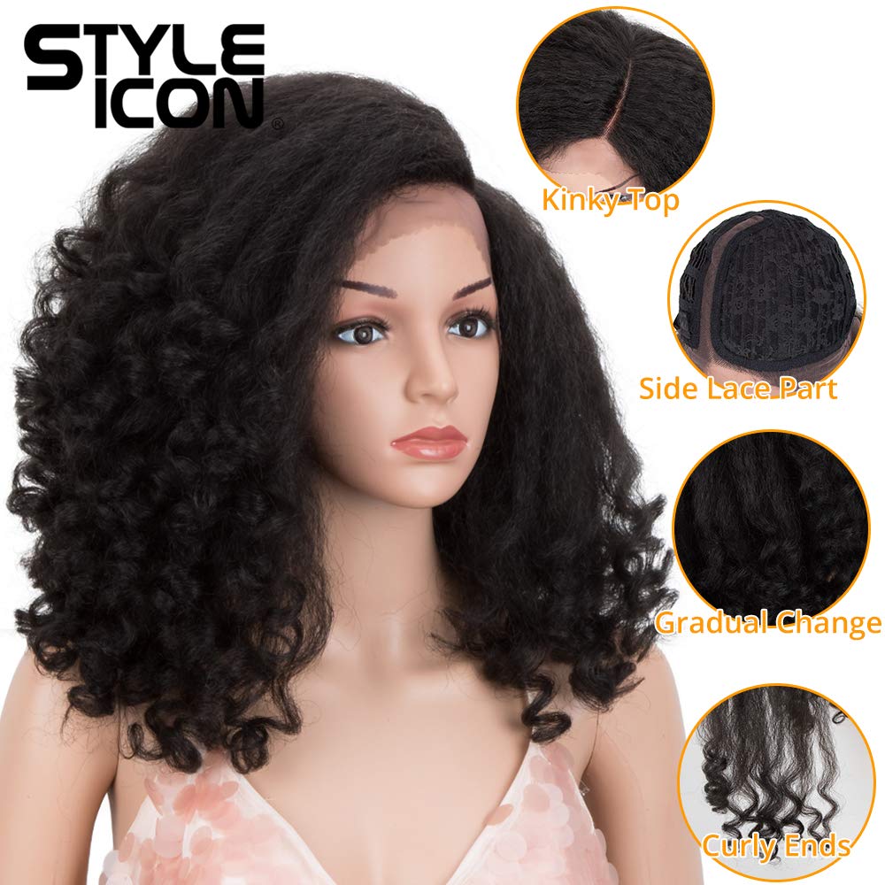 Style Icon 14" Afro Wigs Short Curly Wigs for Black Women Lace Front Side Part Synthetic Wigs (14 Inches, 1B)