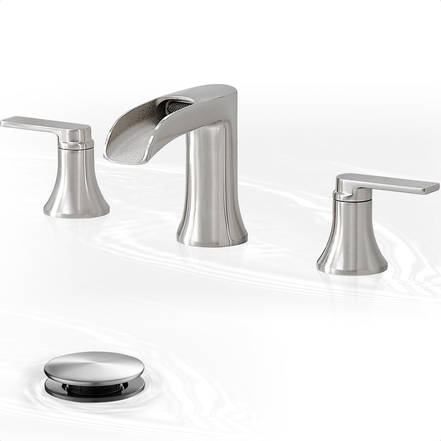 HOIGY Brushed Nickel Widespread Bathroom Faucet, 2 Handles Waterfall Faucet, Bathroom Faucets for Sink 3 Hole, 8 Inch Solid Brass Bathroom Sink Faucets for Vanity Lavatory Restroom with Pop Up Drain