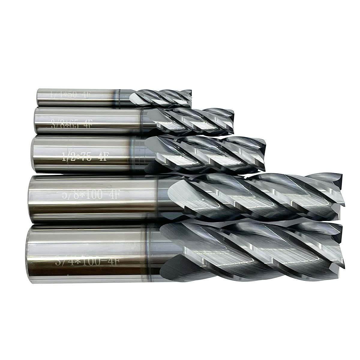 5pcs 1/4”, 3/8”, 1/2”, 5/8”, 3/4” Carbide Square End Mill, HRC 45 Deg Single End 4 Flute AlTiN Coating Mill Bits (5pcs End Mill Set)