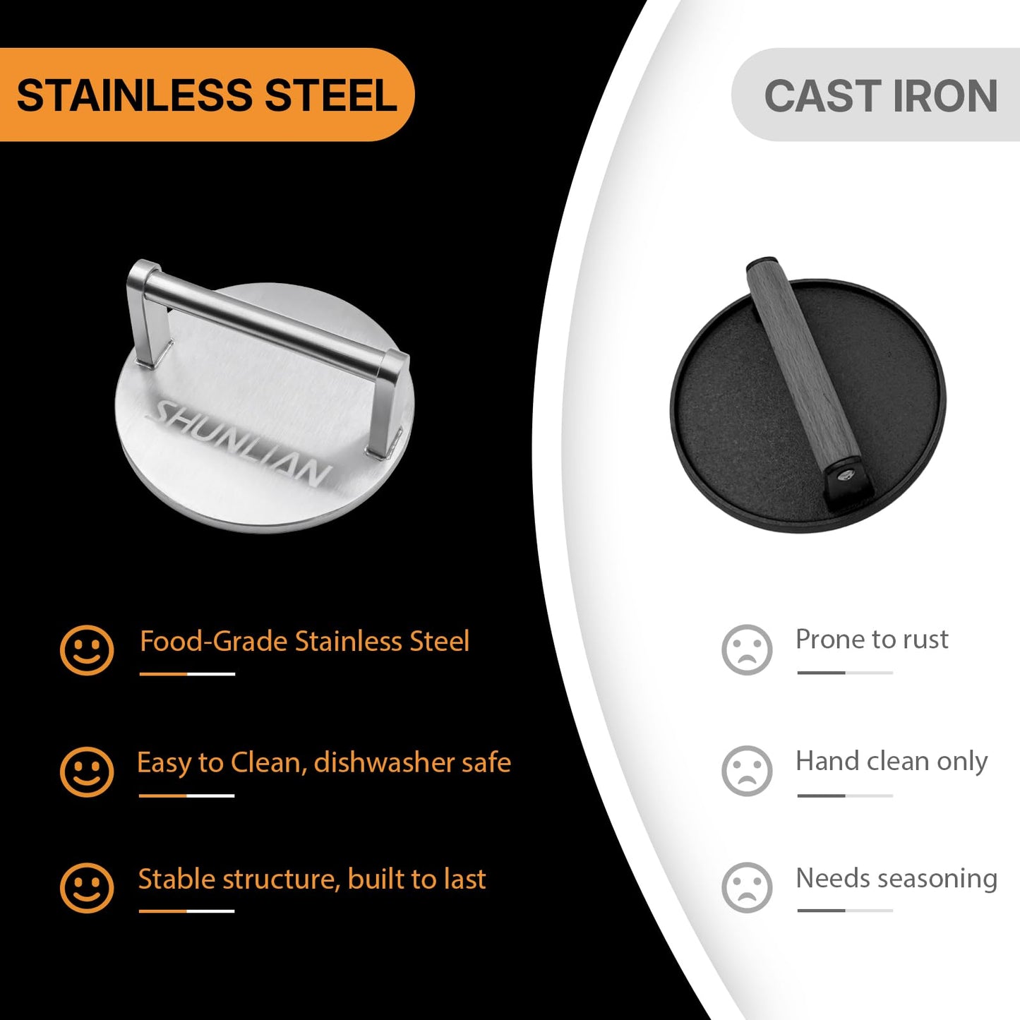 SHUNLIAN Smash Burger Press, 6 Inch Heavy Duty Burger Smasher Tool, 3.1lb Non-Stick Smooth Stainless Steel Grill Press for Flat Top Griddle, BBQ & Kitchen Use, Ground Beef, Meats, Bacon, Steak
