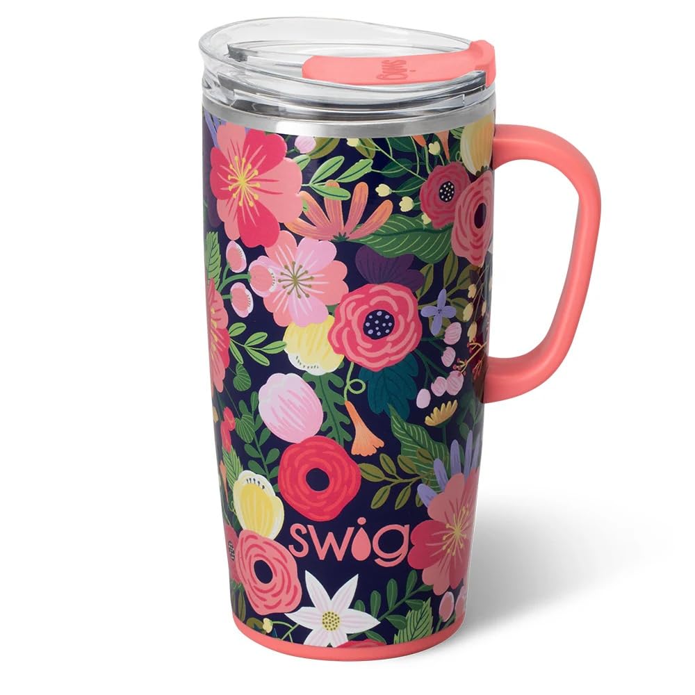 Swig Life 22oz Travel Mug, Insulated Tumbler with Handle and Lid, Travel Coffee Mug, Cup Holder Friendly, Stainless Steel 22 oz Tumbler, Reusable Insulated with Lid (Secret Garden)
