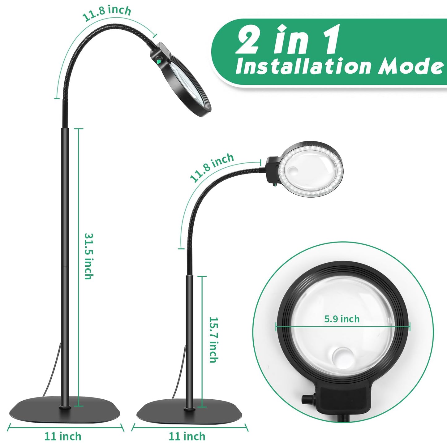 10X 30X Floor Magnifying Glass with Light and Stand,36 LED Flexible Gooseneck Magnifying Lamp, Adjustable Brightness Large Lighted Magnifiers for Reading,Sewing,Crafts,Painting,DIY,Close Work