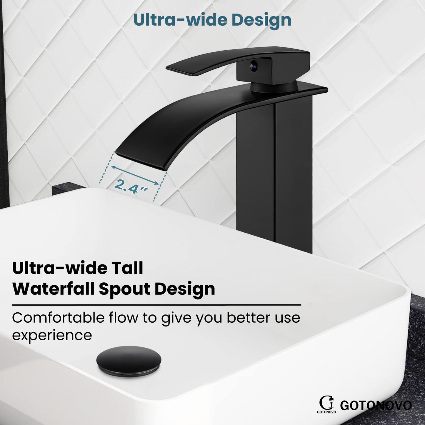 gotonovo Waterfall Tall Bathroom Faucet Single Handle Bathroom Faucets for Sink 1 Hole Stainless Steel Vessel Sink Faucet Modern Mixer Tap Wash Basin Faucet with Pop Up Drain, Matte Black