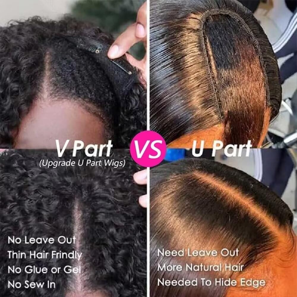 Romface V Part Human Hair Wig for Women 180% Density Brazilian Remy Curly Human Hair No Leave Out Upgrade U part Wigs Afro Kinky Curly V Part Wigs No Sew In No Glue Natural Color 16 inch