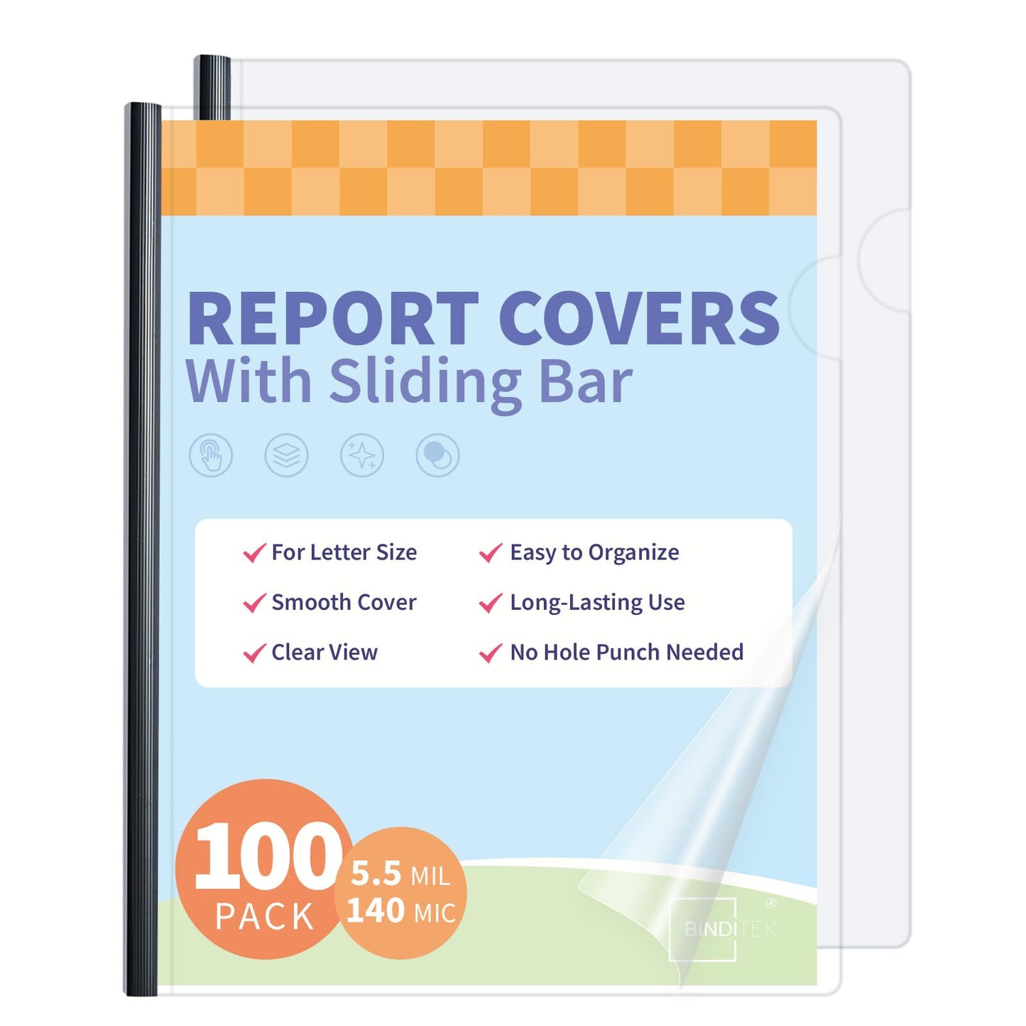 Binditek 100 Pack Clear Report Covers with Sliding Bars, 25 Sheet Capacity, 5mm Binding Bars, Letter Size, 5.5 Mil Thick, Black, for Students and Coworkers