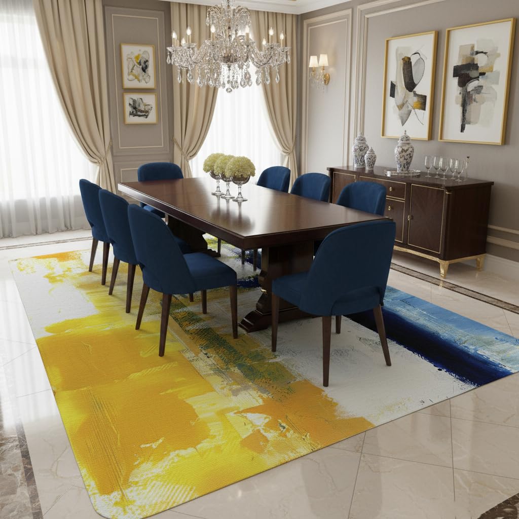 Mamatong Contemporary Modern Abstract Blue Yellow Vibrant Area Rug 5x7 Ultra Soft Wool Aesthetic Rug for Living Room Bedroom Dining Office Art Deco Floor Rug Kitchen Hallway Runner