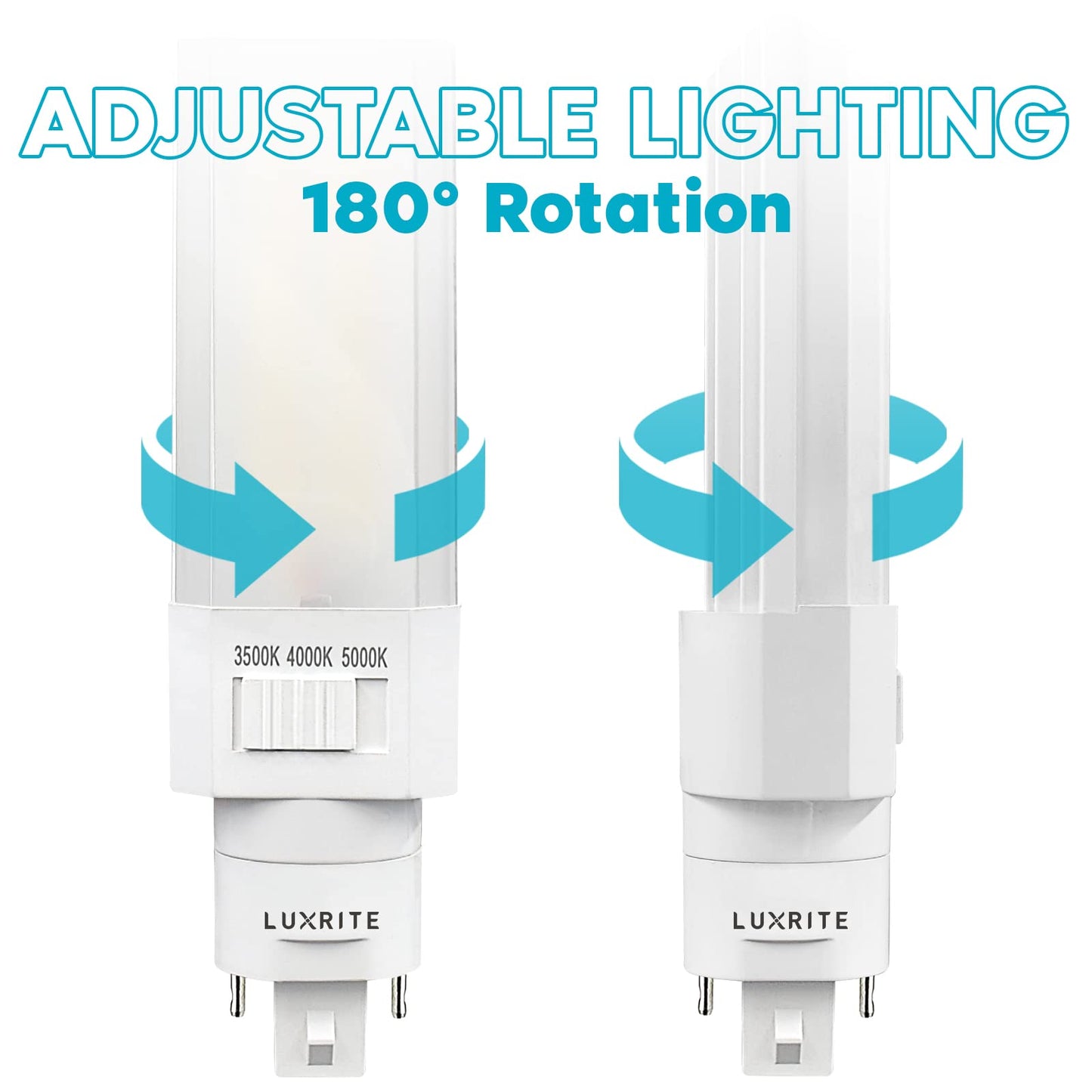 Luxrite Horizontal PL LED CFL Replacement, 11W, Ballast Bypass, Fits G24D G24Q GX24Q, 3 Color Selectable 3500K-5000K, 1450 Lumens, Rotatable, Replace 26W/32W/42W CFL 2 Pin and 4 Pin Base Bulb (4 Pack)