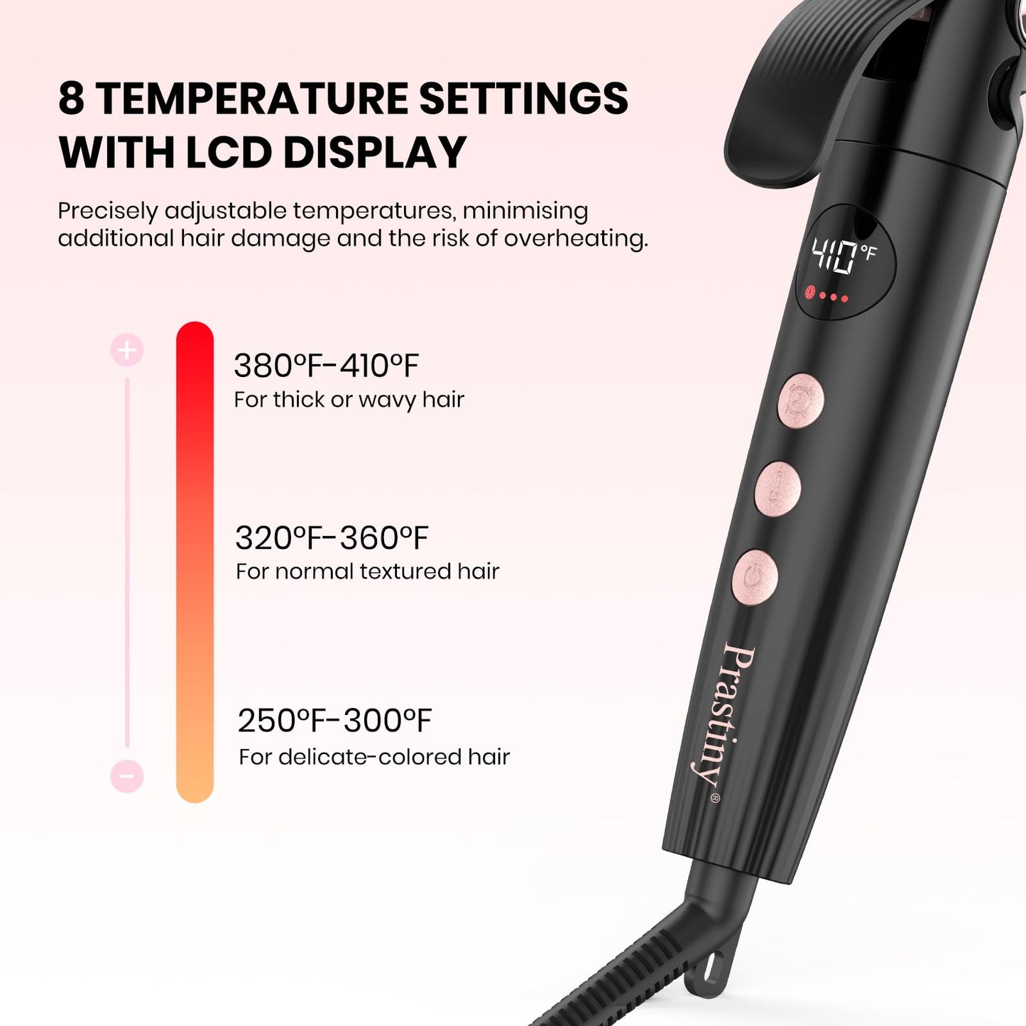 Prastiny Smart Timer Hair Curler Iron 1.25inch Ceramic Coating Large Barrel Hair Curling Wand with LCD Display and Foldaway Safety Stand Dual Voltage for Travel Medium and Long Hair