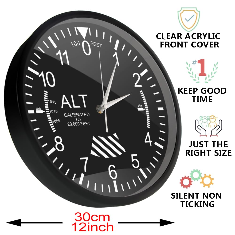 Timethink Classic Altimeter Black Aluminum Frame Wall Clock, Modern Altimeter Instrument Style Wall Clock, Pilot Air Plane Altitude Measurement Watch for Home Office School Kitchen Restaurant Decor