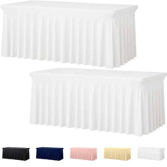Deep Dream 2 Pack White Spandex Table Covers 6 Foot, Fitted Stretch Tableclothes 30x72 Inch, Wrinkle Free 6FT Fitted Table Clothes with Skirt for Party, Banquet, Wedding and Events