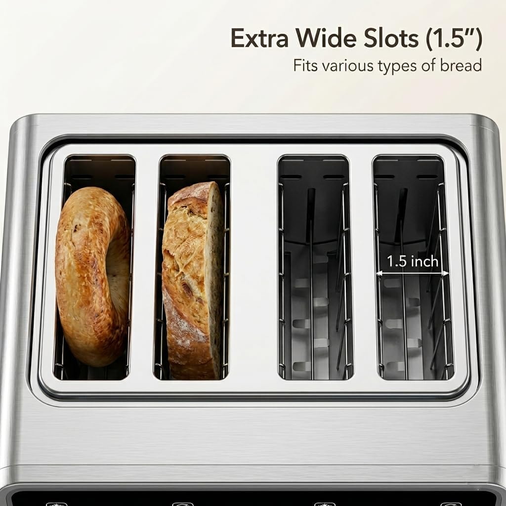 DEAR MORNING 4 Slice Touch Screen Toaster with LCD Display Stainless Steel Digital Toasters 6 Bread Types& 6 Shade Settings Smart Extra Wide Slots Toaster With Bagel Cancel Defrost Reheat Functions