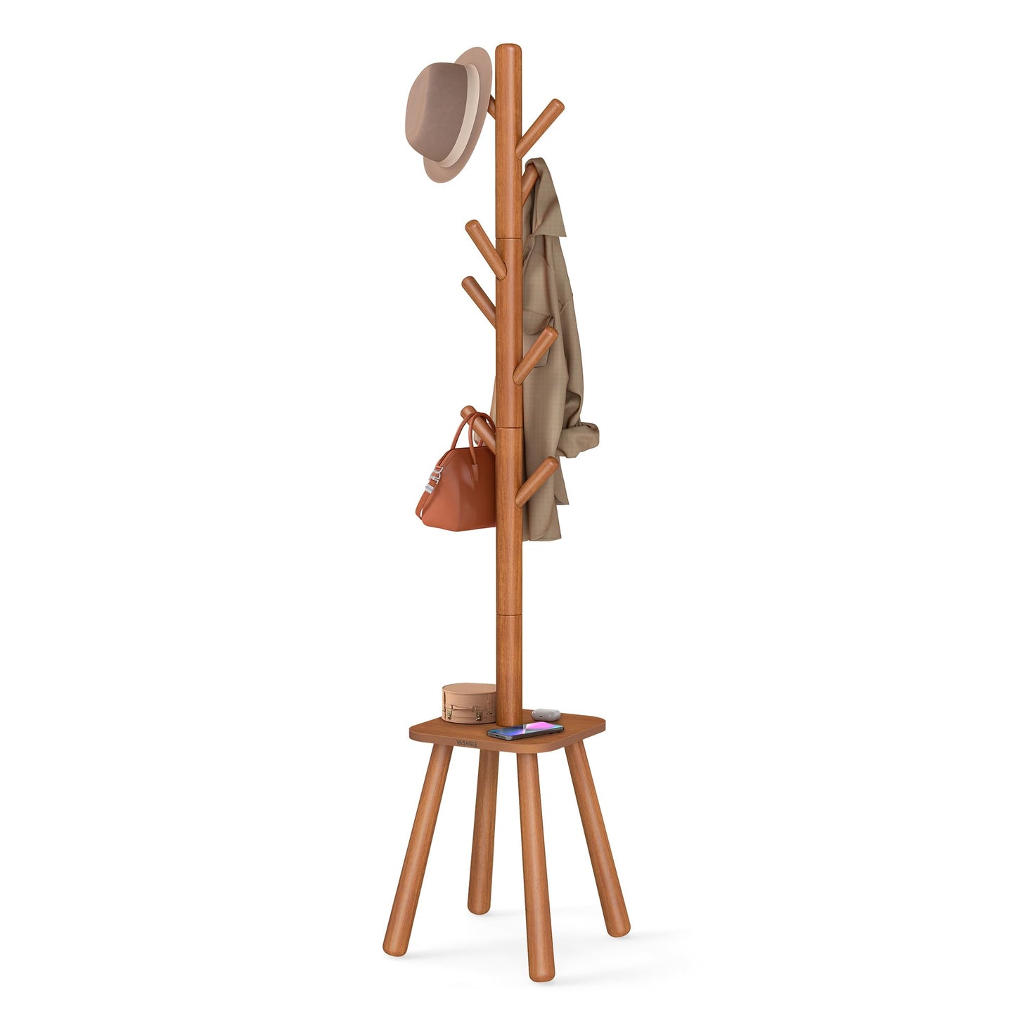 VASAGLE Coat Rack, Free Standing Coat Stand, Hall Coat Tree with 8 Hooks and Storage Shelf, 69.2 Inch Tall, for Coats, Hats, Bags, for Entryway, Hallway, Bedroom, Caramel Brown URCR033K01