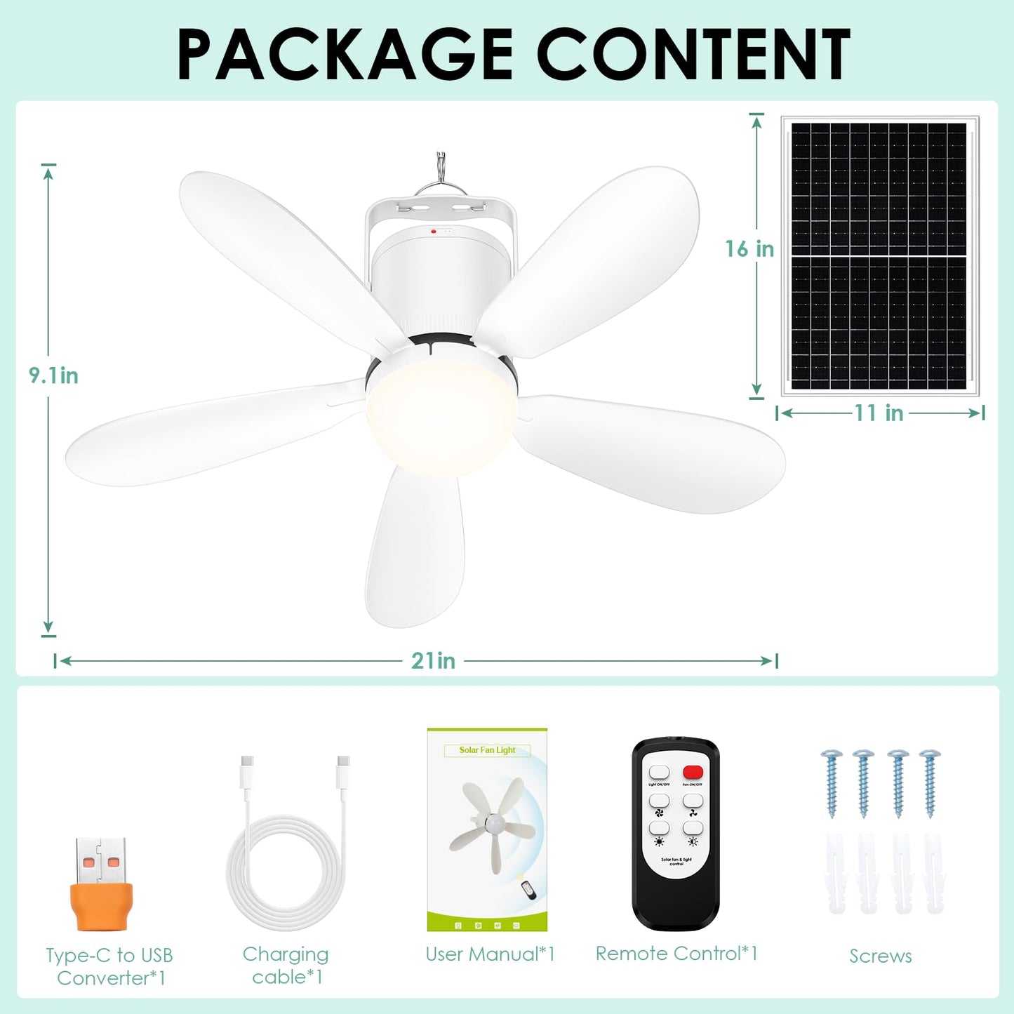 ZIZIWIN 21” Solar Ceiling Fan Light, 30W Solar Powered Portable Gazebo Fan with Remote, Wireless Battery Operated Ceiling Fan Light Outdoor, for Camping RVs Tent Patio Canopy Chicken Coop Outside