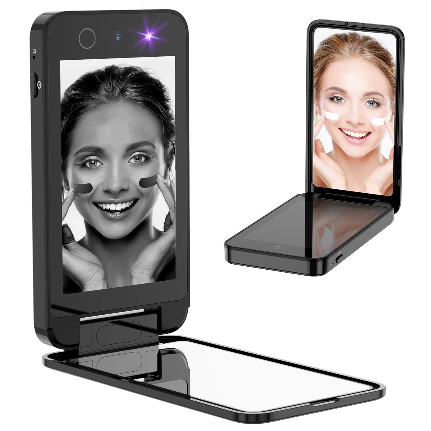 UV Camera for Sunscreen Test UV Mirror Sunscreen Camera, 4 Inch Vanity Mirror Rechargeable Compact Travel Makeup Mirror Handheld Double-Sided Pocket Mirror for Skin Protection(Dark Black)