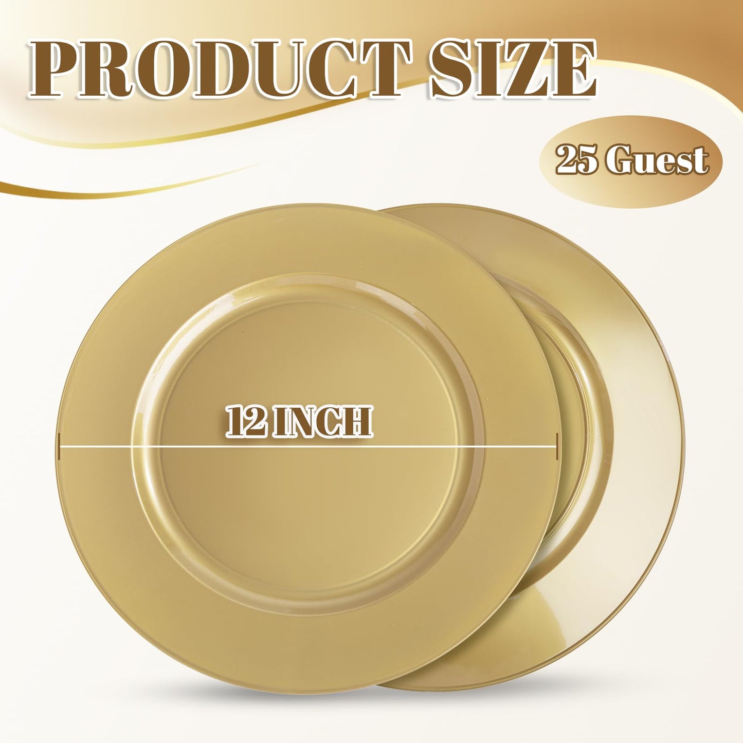 WDF 12Inch Plastic Charger Plates - 25Pack Gold Charge for Dinner - Disposable Gold Charge Plates - Perfect for Dinner/Wedding Party/Elegant Tabletop Decor