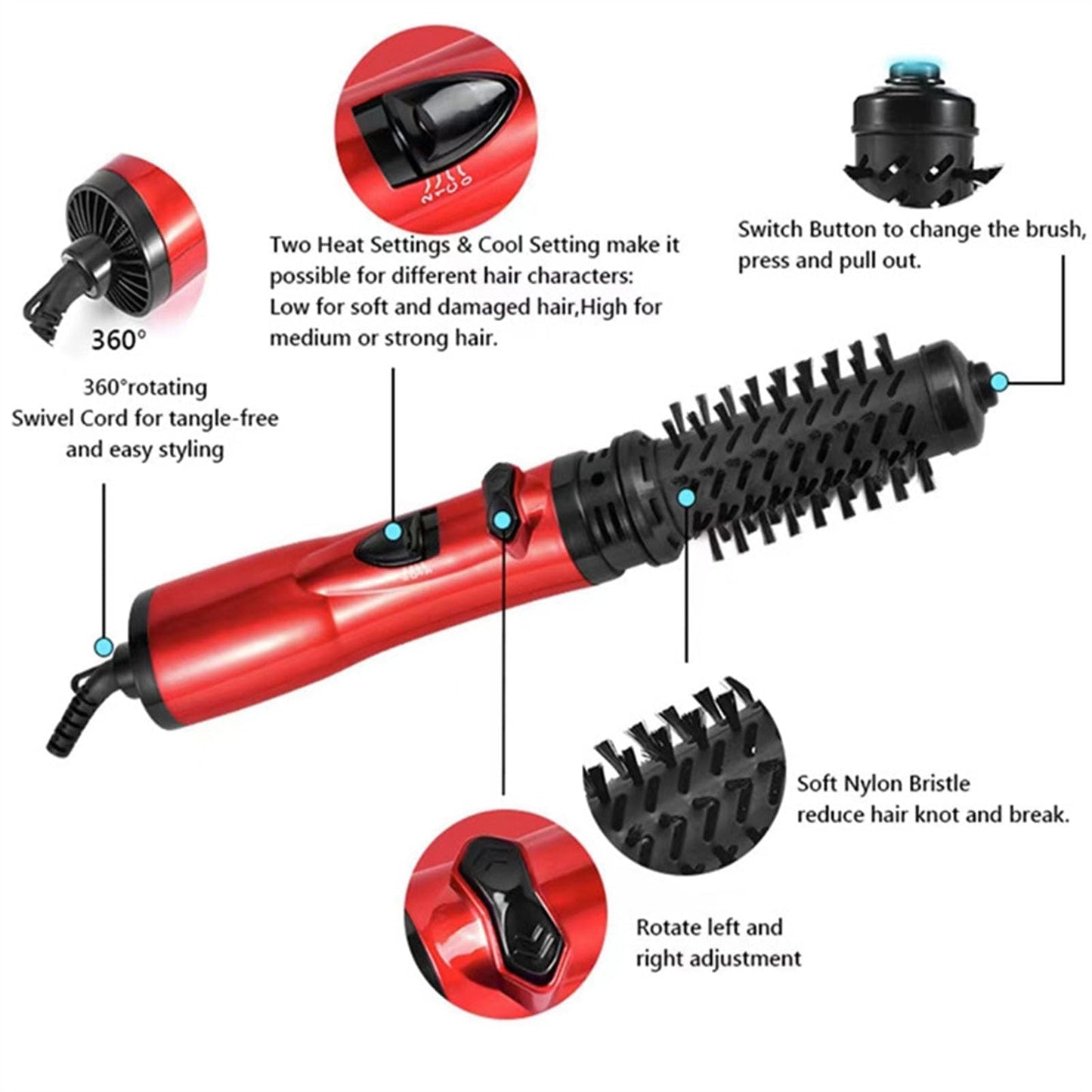 3-in-1 Hot Air Styler and Rotating Hair Dryer, Spin Hair Dryer Brush with 2 Interchangeable Brush, Anti-frizz Hot Air Spin Brush Set for Straightening, Drying, and Curling (Red)