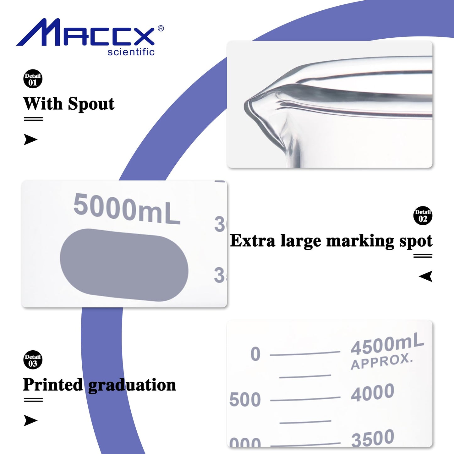 Maccx 170oz(5000ml) Sturdy Glass Beaker, Heavy-Duty 5L Lab Beakers，3.3 Borosilicate Low Form with Printed Graduation, BKL5K0-001