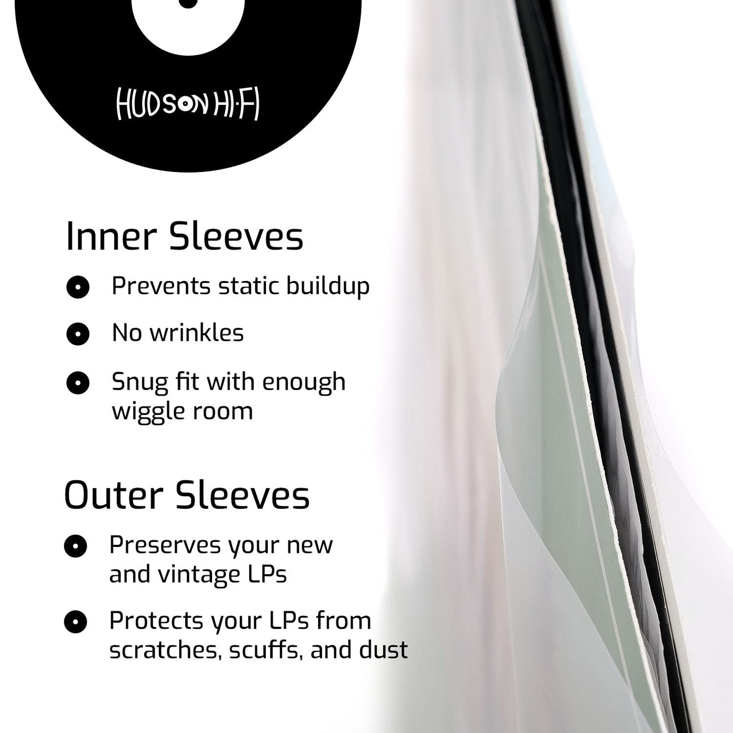 Hudson Hi-Fi 50 ct. Inner Sleeves for Vinyl Records & 50 ct. Vinyl Outer Sleeves - 100 Vinyl Sleeves for Records, Clear Outer & Inner Sleeves for Vinyl Records