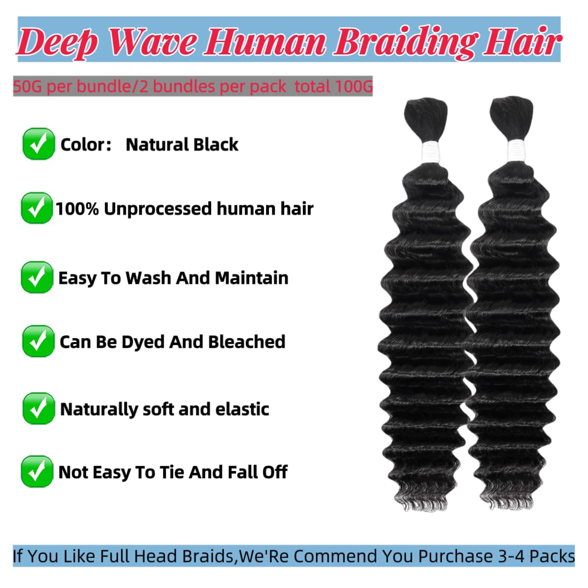 Human Braiding Hair Deep Wave Bulk Human Hair for Braiding No Weft 2 Bundles 100g 18Inch 10A Brazilian Virgin Human Hair Braiding Hair Extensions Curly Bulk Human Hair for Boho Braids
