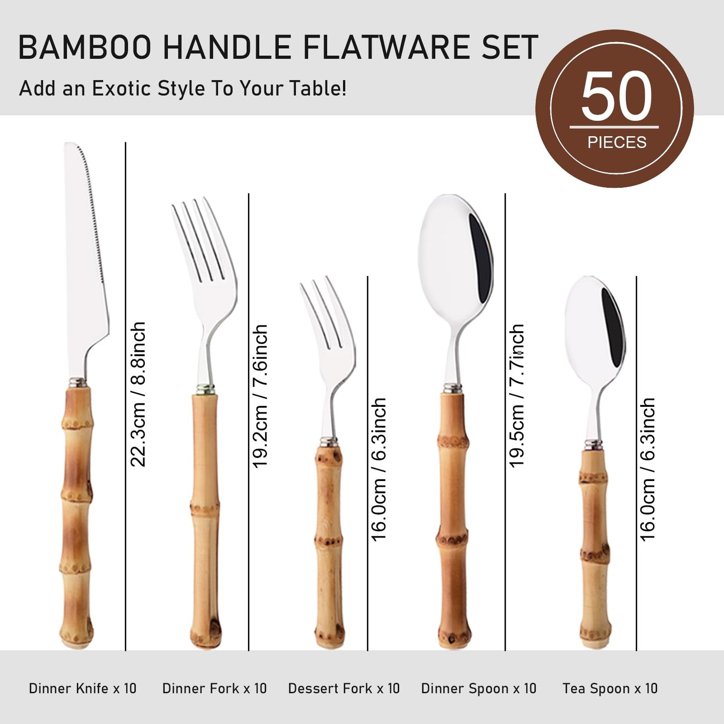Uniturcky 50PCS Silverware Set for 10, Bamboo Handle Flatware Set, Stainless Steel Cutlery Set for Home Restaurant and Party, Bamboo Forks Spoons and Knives Set, Polished Tableware